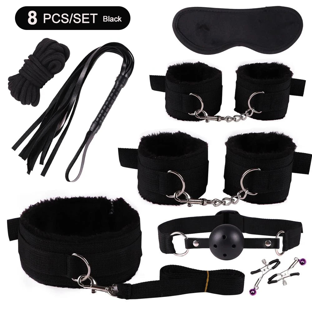 BDSM Bondage Kit – Handcuffs, Gag, Whip & Nipple Clamps