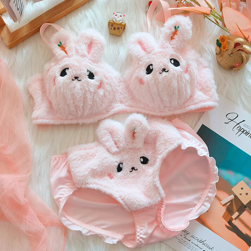 Japanese Cute Girl Plush Underwear Autumn And Winter Japanese Bra Set Without Underwire Warm