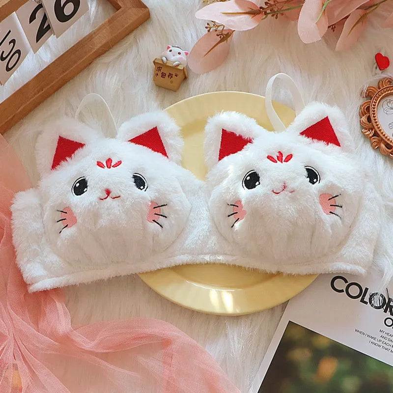 A Cute Japanese-style Plush Winter Bra with A Rabbit and A Bear, and No Underwire