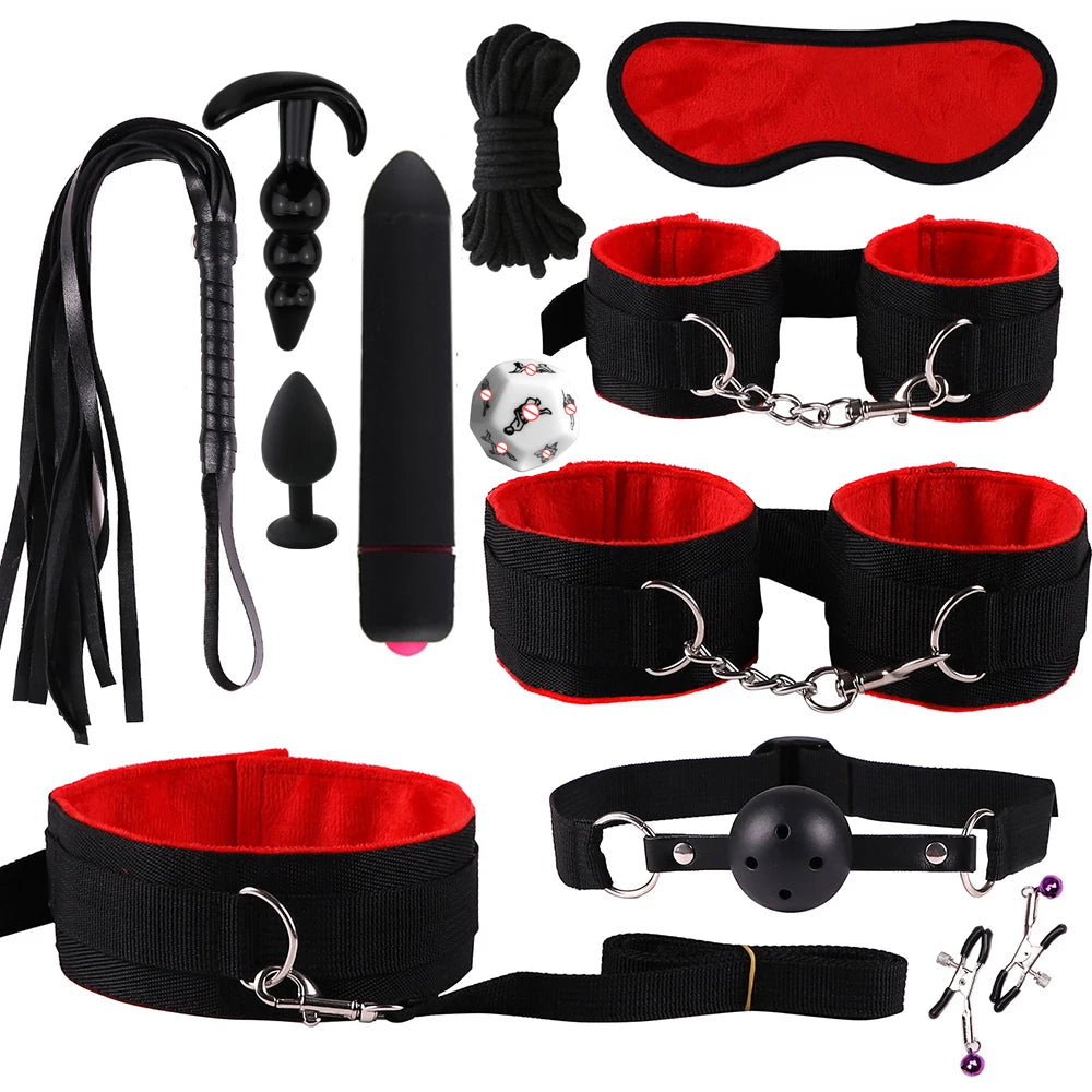 BDSM Bondage Kit – Handcuffs, Gag, Whip & Nipple Clamps
