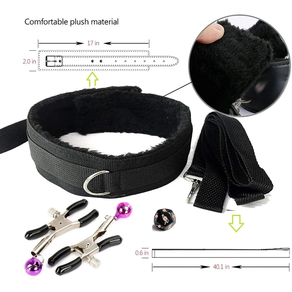 BDSM Bondage Kit – Handcuffs, Gag, Whip & Nipple Clamps