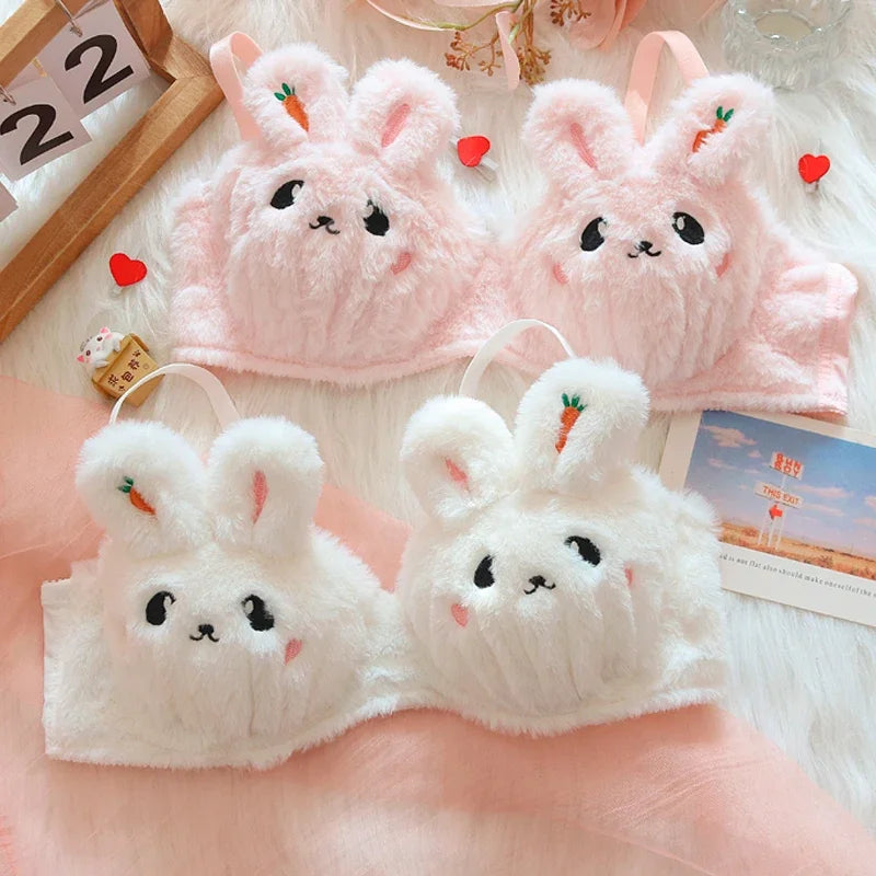 A Cute Japanese-style Plush Winter Bra with A Rabbit and A Bear, and No Underwire