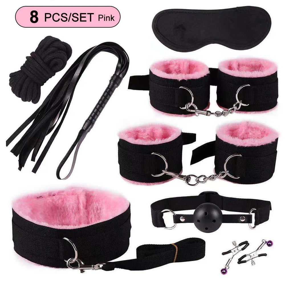 BDSM Bondage Kit – Handcuffs, Gag, Whip & Nipple Clamps