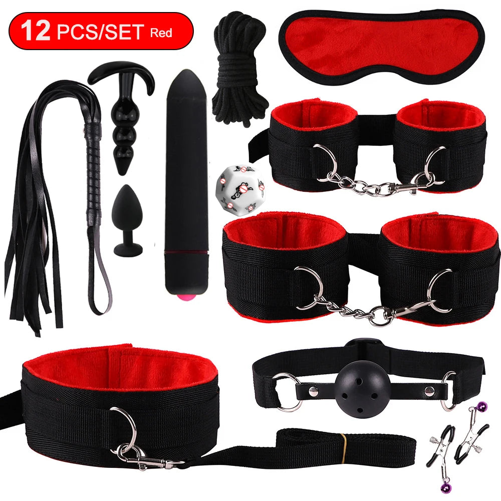 BDSM Bondage Kit – Handcuffs, Gag, Whip & Nipple Clamps