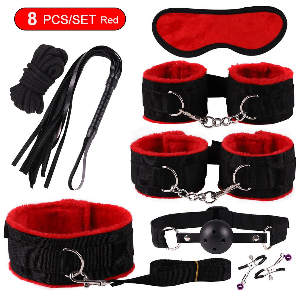 BDSM Bondage Kit – Handcuffs, Gag, Whip & Nipple Clamps