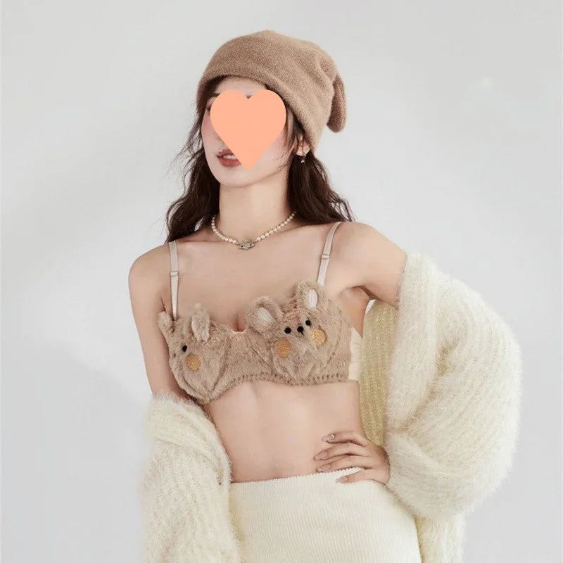 A Cute Japanese-style Plush Winter Bra with A Rabbit and A Bear, and No Underwire