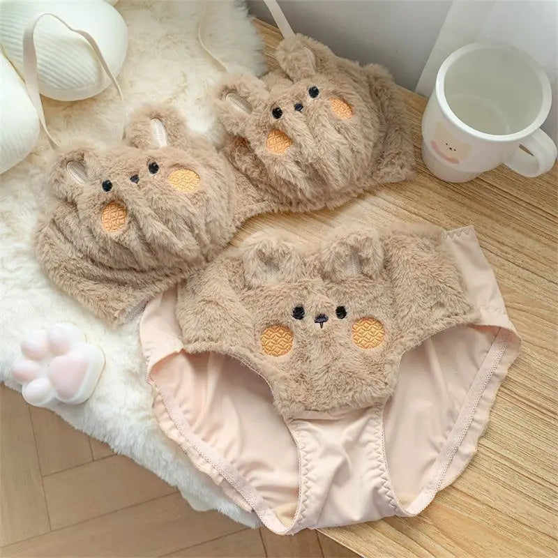Japanese Cute Girl Plush Underwear Autumn And Winter Japanese Bra Set Without Underwire Warm