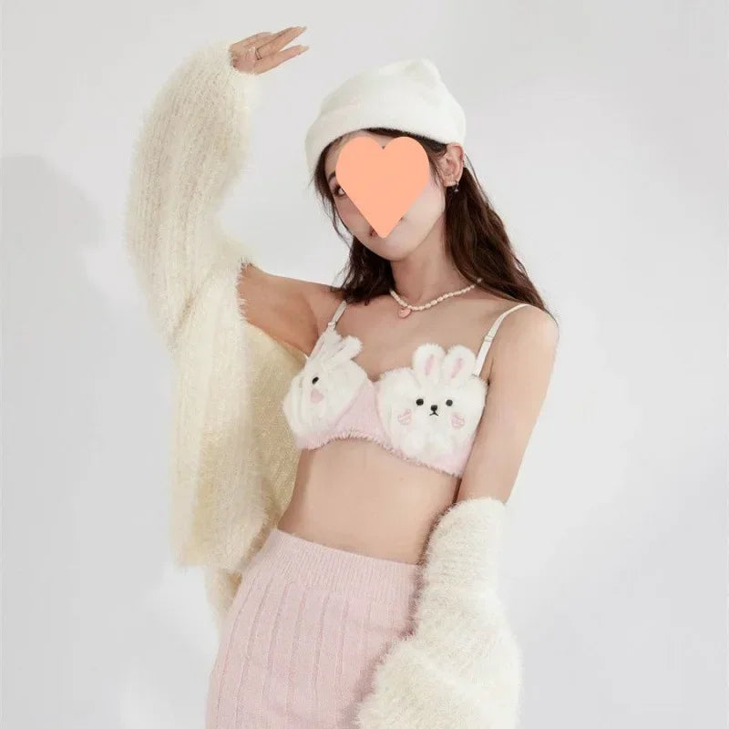 A Cute Japanese-style Plush Winter Bra with A Rabbit and A Bear, and No Underwire